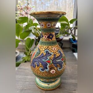 Vintage Hand-Painted Ceramic Vase with Gold Vase Italy Signed